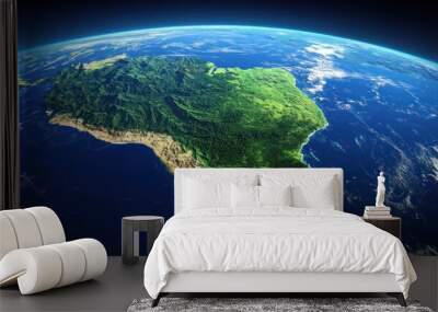 A satellite view of South America with a blue ocean in the background. Wall mural