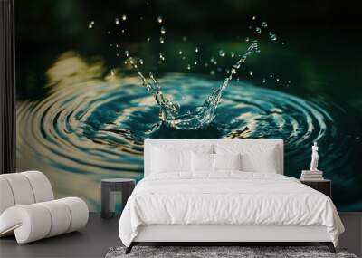 A single water drop creates a splash and ripples in a still pond, with a soft green background. Wall mural