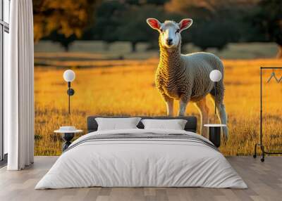 A single white sheep stands in a golden field at sunset, looking directly at the camera. Wall mural