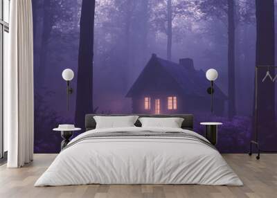 A small cabin with warm lights glows in the mist of a dense forest at night. Wall mural