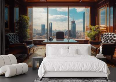 A spacious, luxurious office with a panoramic view of a modern city. The room features a large desk, two leather armchairs, a Persian rug, and a window with a view of the cityscape.  Wall mural