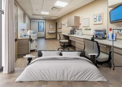 A sterile and modern medical hallway with two workstations and a window. Wall mural