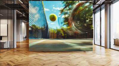 A tennis ball in motion with blurred racket swings past a tennis net. Wall mural