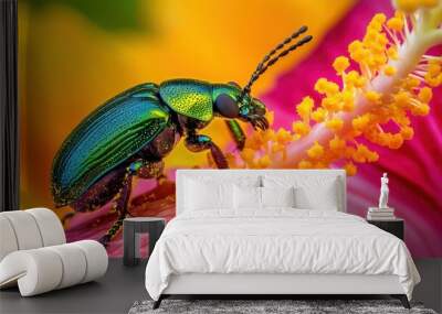 A vibrant green beetle, with iridescent hues, crawls on a pink hibiscus flower. Wall mural