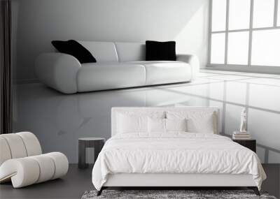 A white leather sofa with two black pillows sits in a modern, minimalist living room with large windows and a shiny white floor.  Wall mural