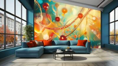 Abstract background with colorful spheres and glowing lines, reminiscent of a futuristic or scientific concept. Wall mural