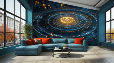 Abstract futuristic digital interface with glowing yellow and blue lights. Wall mural