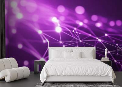 Abstract purple background with connecting lines and glowing dots. Wall mural