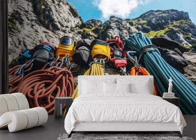 Climbing equipment laid out on rocky ground with a mountain backdrop. Wall mural