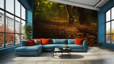 Close-up of a runner's feet on a forest path, with dust kicked up as they run towards the sunlight. Wall mural