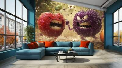 Two cartoon fruits, a red apple and a purple plum, are fighting with each other in a forest. They have angry expressions and are surrounded by splashes of water. Wall mural