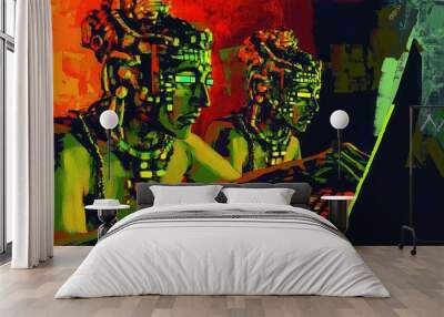 Two futuristic cyborgs with glowing eyes use a laptop computer in a colorful abstract setting. Wall mural