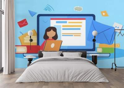 Woman working on laptop with email notification, surrounded by digital mail icons and books. Wall mural