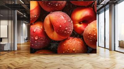 Fresh ripe nectarines with water drops as background, top view. Wall mural