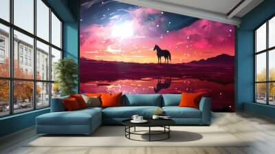 Horse near a lake at sunset Wall mural