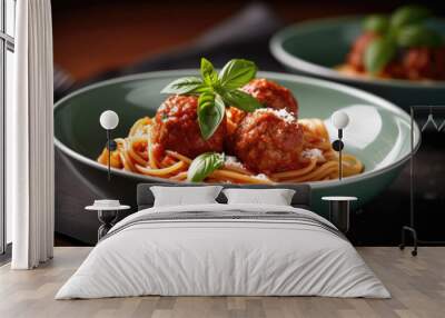 Spaghetti with meatballs and tomato sauce on a dark background. Wall mural