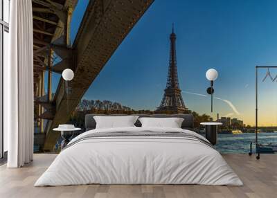 Eiffel Tower at Golden Hour Viewed From the Seine Docks Under Pedestrians Bridge Paris Wall mural