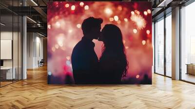 A couple sharing a kiss as fireworks explode in the sky behind them Wall mural