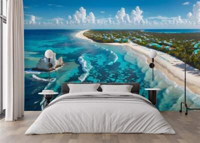 Aerial view of beautiful crystal-clear water and white beach with long tail boats in summer of tropical island with copy space. Wall mural