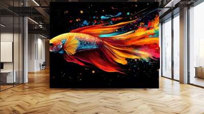 Artistic depiction of a betta fish with vivid colors and abstract splashes on a black background Wall mural