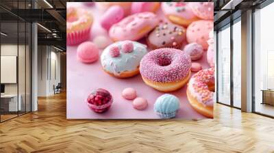 Assorted donuts and macarons in pastel colors arranged on a pink background Wall mural