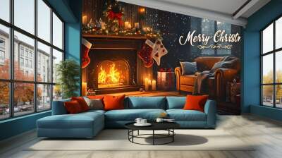 Christmas fireplace with stockings and decorations in a cozy living room Wall mural