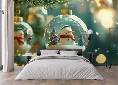 Close-up of a Christmas ornament featuring a snowman inside a transparent globe with festive decorations Wall mural