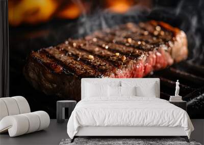 Close-up of a juicy steak sizzling on a grill with smoky flavors and glowing embers Wall mural