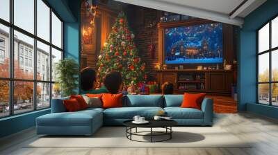 Cozy family gathering in a festive living room watching a holiday movie near a decorated Christmas tree Wall mural