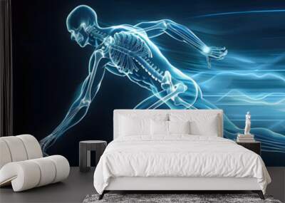 Digital illustration featuring a human x ray figure modeled in blue light, depicted in a running pose with dynamic motion trails against a dark background, wide banner. Wall mural