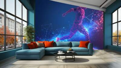 Dynamic digital illustration of a male runner aglow with neon particles, wide banner. Wall mural