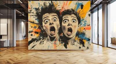 Explosive comic book style portrait of two people in shock with splattered paint background Wall mural