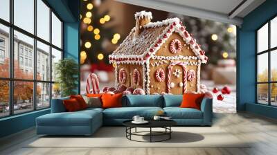 Gingerbread house with candy canes and Christmas decorations on a festive table Wall mural