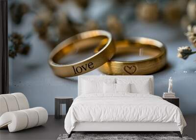 Golden wedding rings with love engraving Wall mural