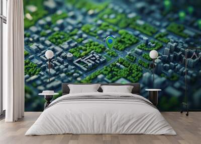 Green urban landscape map with location markers highlighting eco-friendly city planning Wall mural