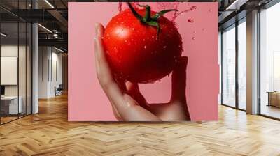 Hand holding a ripe red tomato with water splashing Wall mural