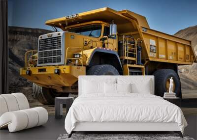 Massive yellow mining truck in operation at a rocky quarry under clear skies. Wall mural