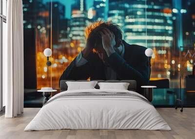 Office worker sitting at desk with head in hands and stressed expression Wall mural