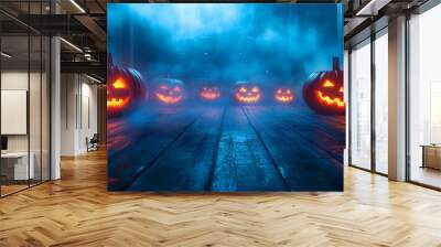 Row of glowing jack-o'-lanterns on a misty porch on Halloween night Wall mural