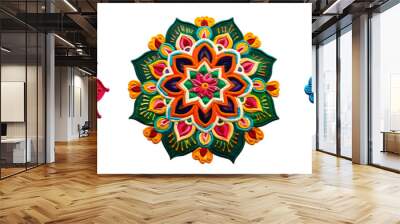 Traditional rangoli artwork with warm tones of red, orange, and yellow arranged in a circular flower design isolated on a white background, png Wall mural