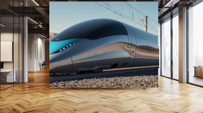 Train on the railway, futuristic bullet train or hyperloop ultrasonic train full self-driving system activated for fast transportation and autonomy concepts as wide banner with copy space. Wall mural