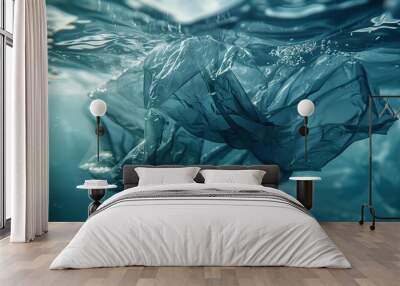 Underwater view of a plastic bag with light rays penetrating through ocean waters Wall mural