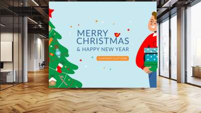 Horizontal vector banner with Christmas tree and happy man. Wall mural