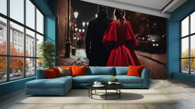 back view of a couple of woman in red dress and man in black costume walking in the street at night, generative ai Wall mural