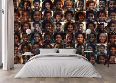 collage of black young girls and boys smiling, collage of portrait, grid of 60 cheerful faces,  group photo Wall mural