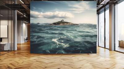 Ocean landscape with island at the horizon, generative ai Wall mural