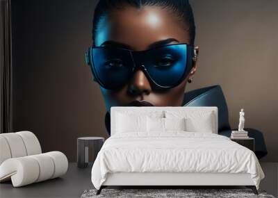 portrait of a fashion black model in black suit wearing sunglasses, Generative Al Wall mural