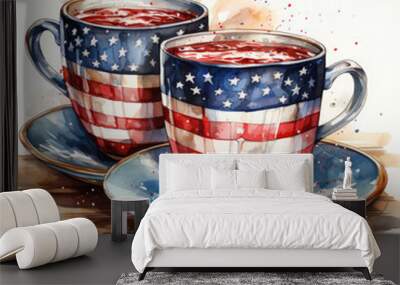 Waterco 4th of July Coffee Cups Sublimation white background illustration, Generative Ai Wall mural