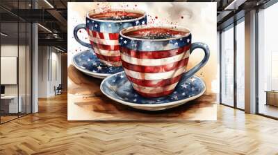 Waterco 4th of July Coffee Cups Sublimation white background illustration, Generative Ai Wall mural