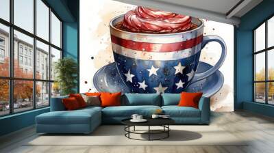 Waterco 4th of July Coffee Cups Sublimation white background illustration, Generative Ai Wall mural